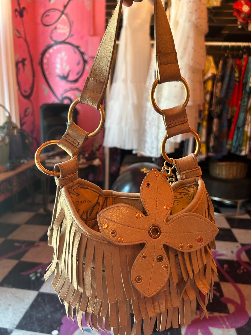 Women’s Tan Suede Fringe Shoulder Bag with Floral Accent